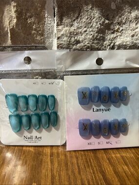 2 sets - Blue and Teal Press-On Nail Sets - Glossy Finish NEW medium length